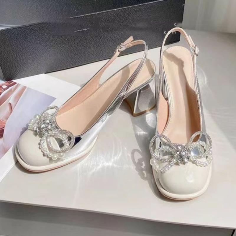 One Strap Block Heel Sandals Summer New Round Toe Shallow Slip Rhinestone Bow Non-Slip Pumps