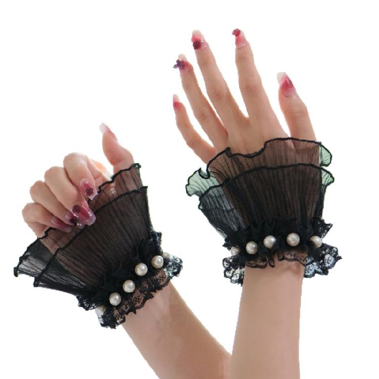 

Korean Fashion Lace Pearls Hand Sleeves Breathable Wrist Cuffs Decorative Cuffs Covers For Cosplay And Evening Wear чёрный