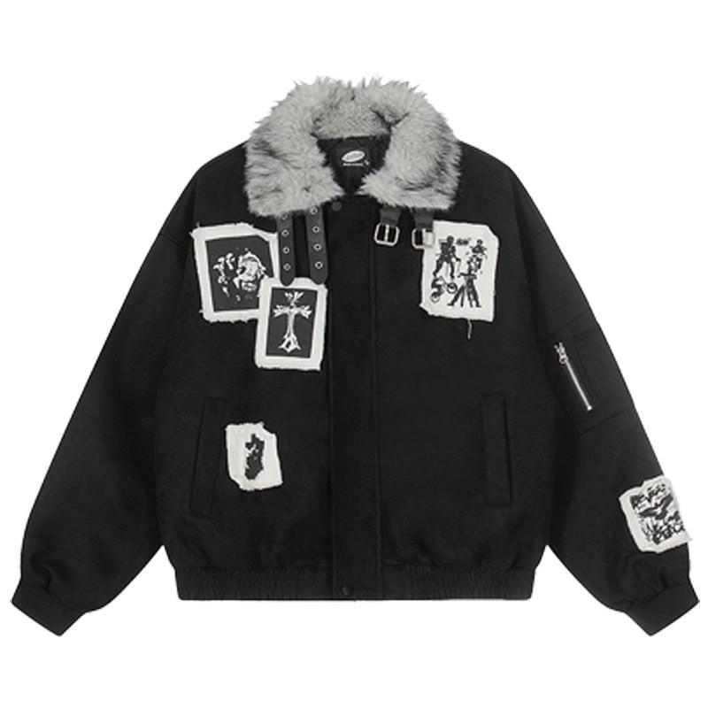 Giacca Imbottita Unisex Retro Punk in Cotone con Patch Frange in Pelle Scamosciata e Collo in Ecopelliccia Invernale Streetwear