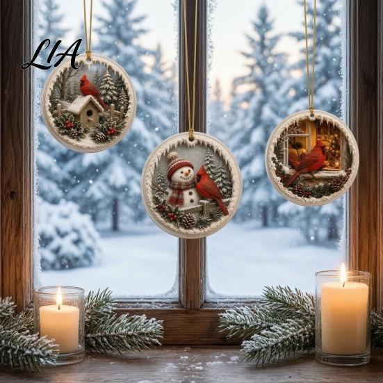 Winter Window Ornaments Acrylic Christmas Red Bird Ornament, Snow Scene Pattern Xmas Tree Lightweight Decor Hanging Decor, Retro Round Pendant