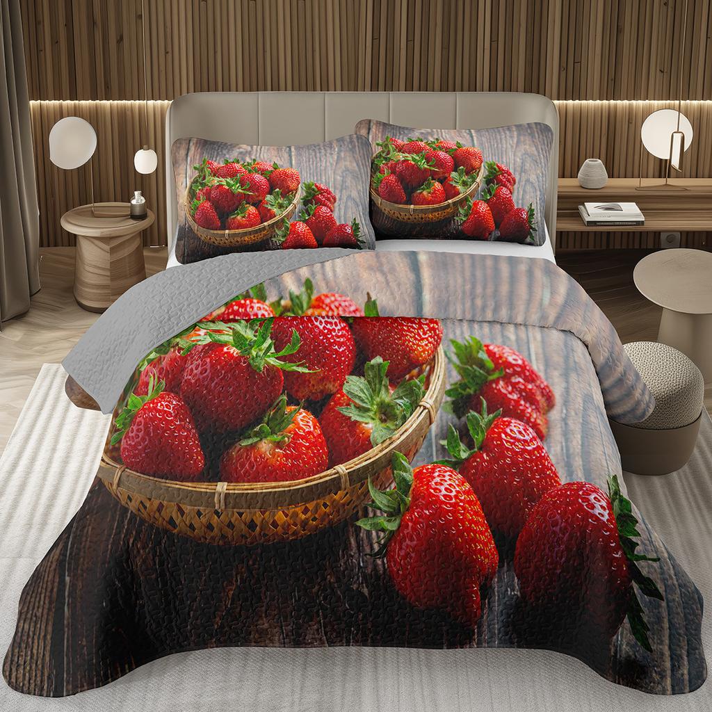 Strawberry Bedspread Kawaii Fruit Coverlet Twin King Size Cute Strawberries Quilt Set For Kids Girls Teens Adult Bedroom Decor