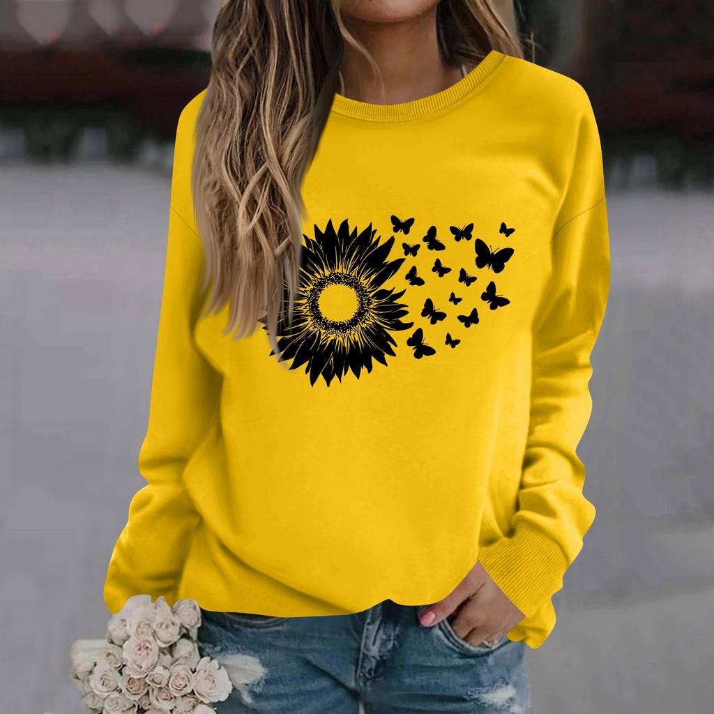 Women's Fashion Casual Long Sleeve Solid Color Printed Round Neck Top Sweatshirt