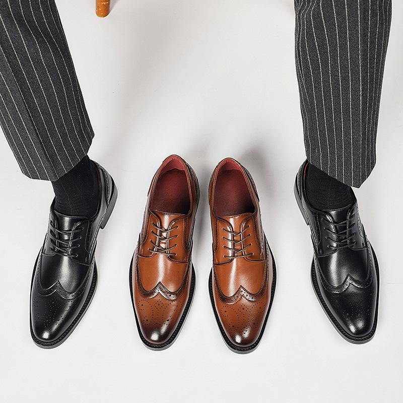 New Men's English Style Hidden Heel Derby Brogue Leather Shoes - Pointed Toe Lace-Up Design for Formal and Casual Wear