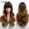 Synthetic Wig Long Medium Water Wavy Ombre Dark Brown with Bangs Wigs for Women Party Daily Hair Heat Resistant Natural