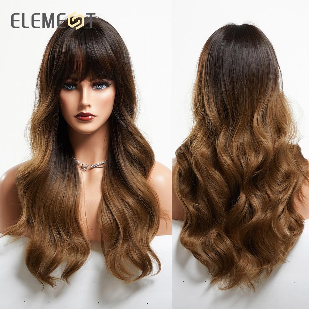 Synthetic Wig Long Medium Water Wavy Ombre Dark Brown with Bangs Wigs for Women Party Daily Hair Heat Resistant Natural