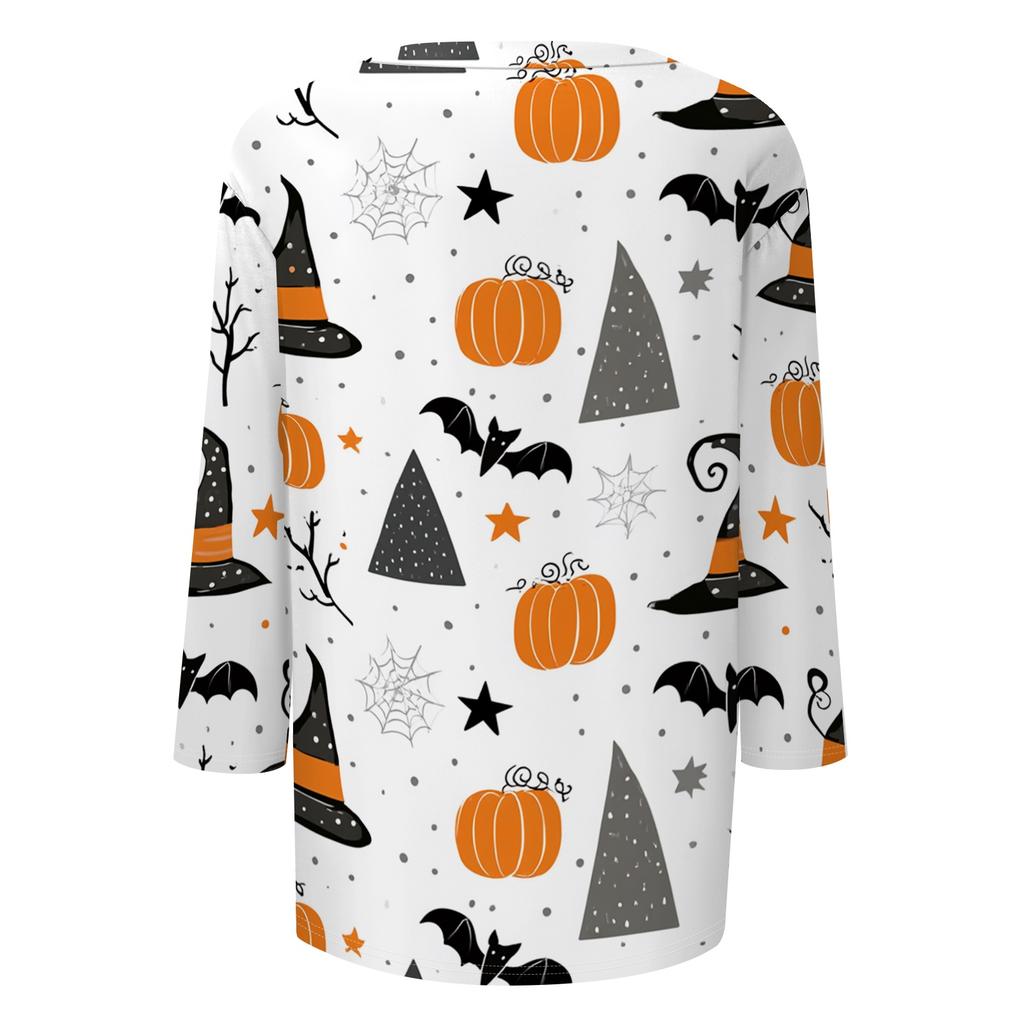 Women's Casual Halloween Print V Neck Top Three Quarter Sleeve Lightweight Blouse for Fall Seasonal Wear