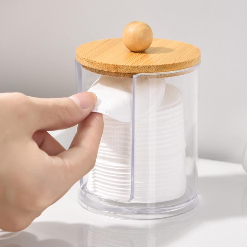 Clear Round Storage Box with Bamboo Lid for Cotton Swabs, Makeup Puffs, and Removers