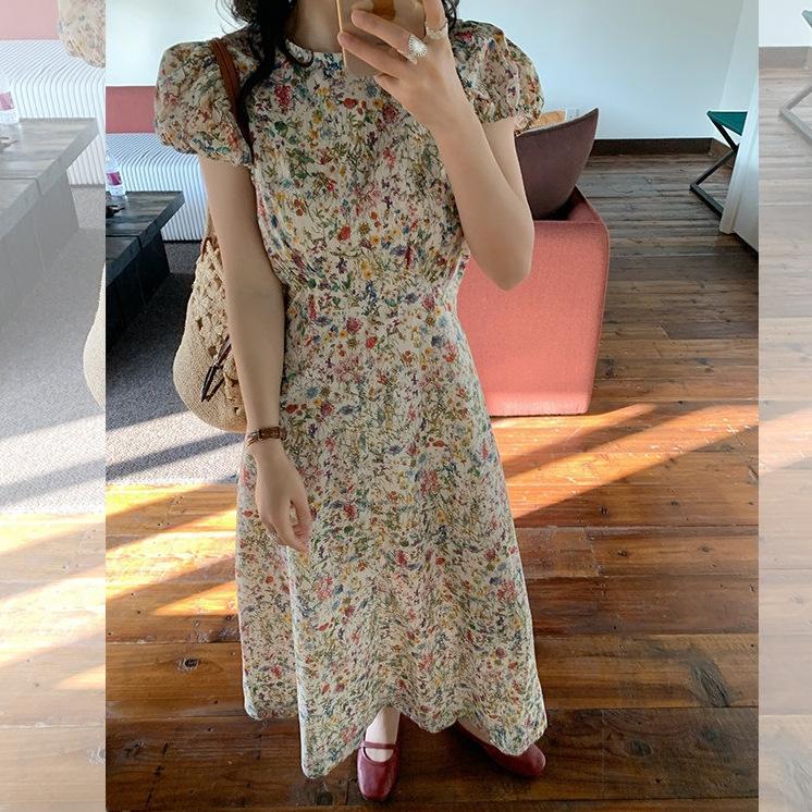 Summer Fashion Round Neck Floral Bubble Sleeve Dress High-end Femininity Waist A-word Long Dress Wholesale
