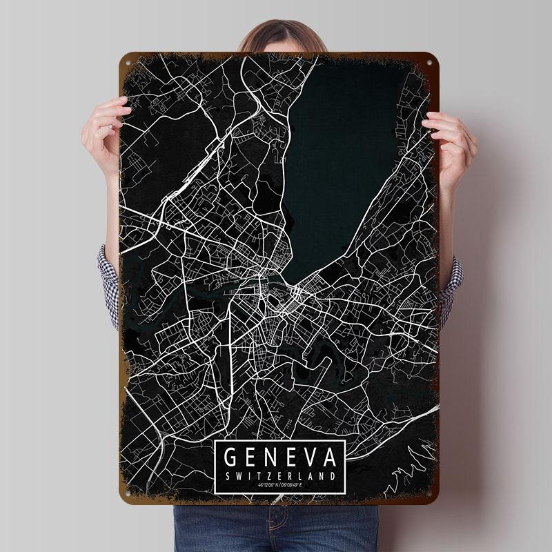Genf Stadtplan Schweiz Dunkler Druck Poster Individuell Retro Wandkunst Vintage Metallschilder für Zimmer Wohnkultur Artikel Haus
