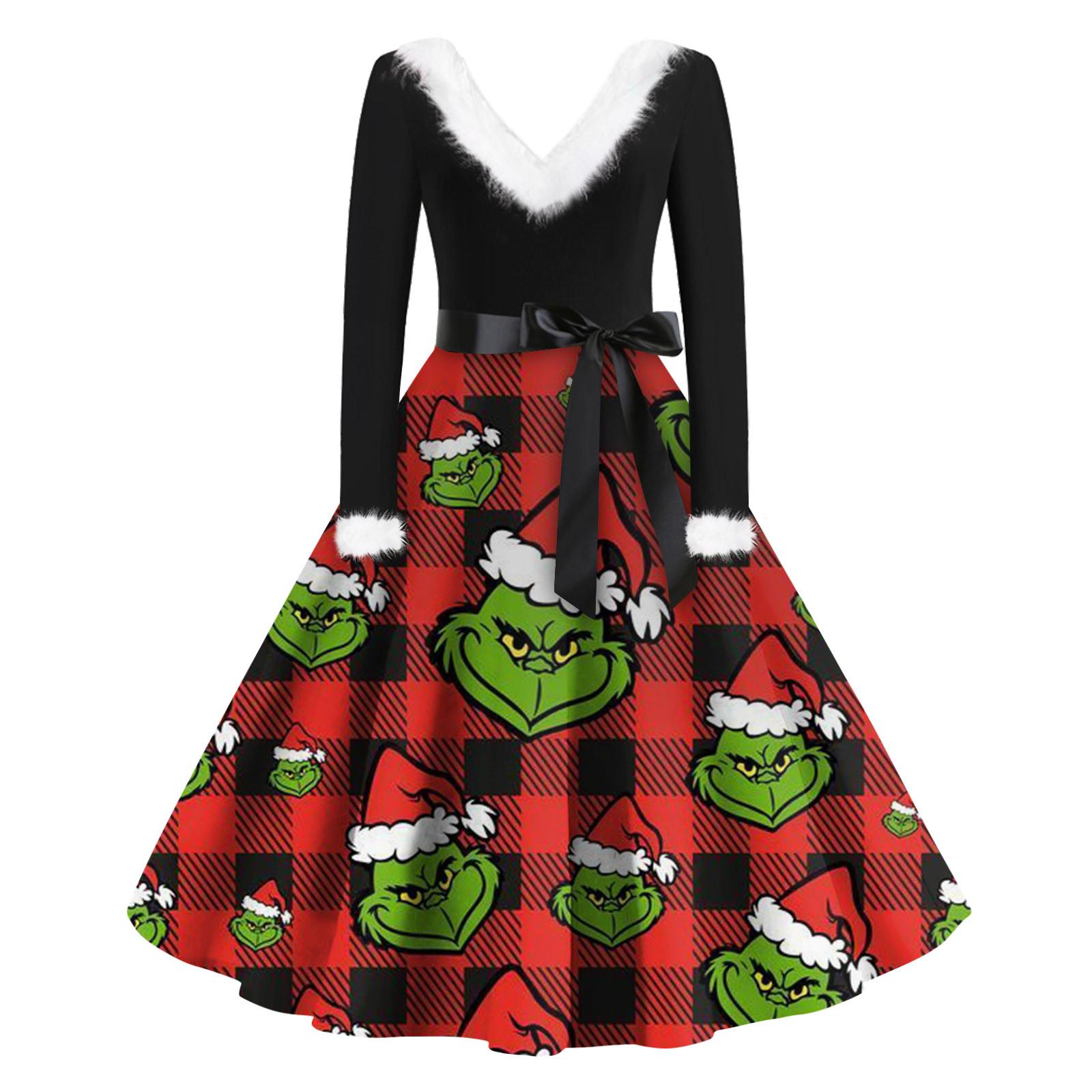 Women s Fashion V-Neck Casual Slim Christmas Printed Long Sleeve Woolen Dresses XXL чёрный