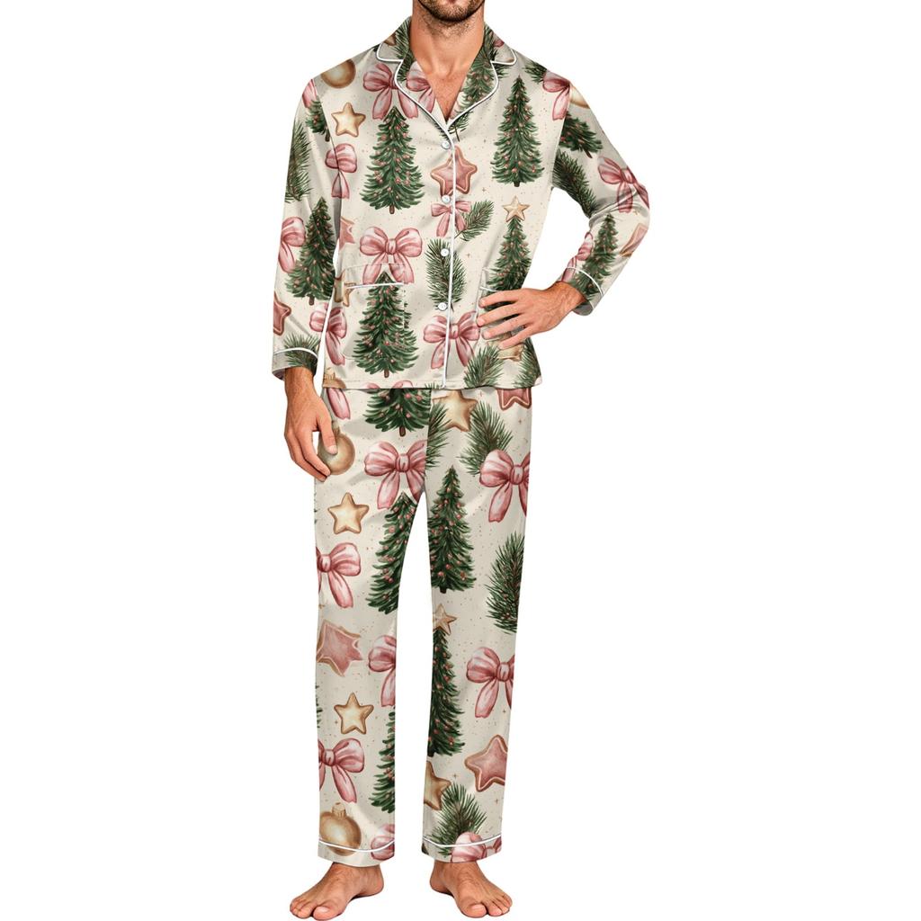 Herren Langarm Button-Down Pyjama-Set, 2-teilige Nachtwäsche Loungewear mit Hose für Zuhause und Schlafenszeit