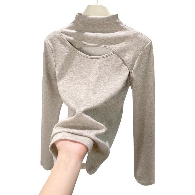 Splicing Hole Digging Autumn and Winter New Careful Machine Base Shirt Women's Half-Turtleneck Cutout Babes Design Sense Long Sleeve Women