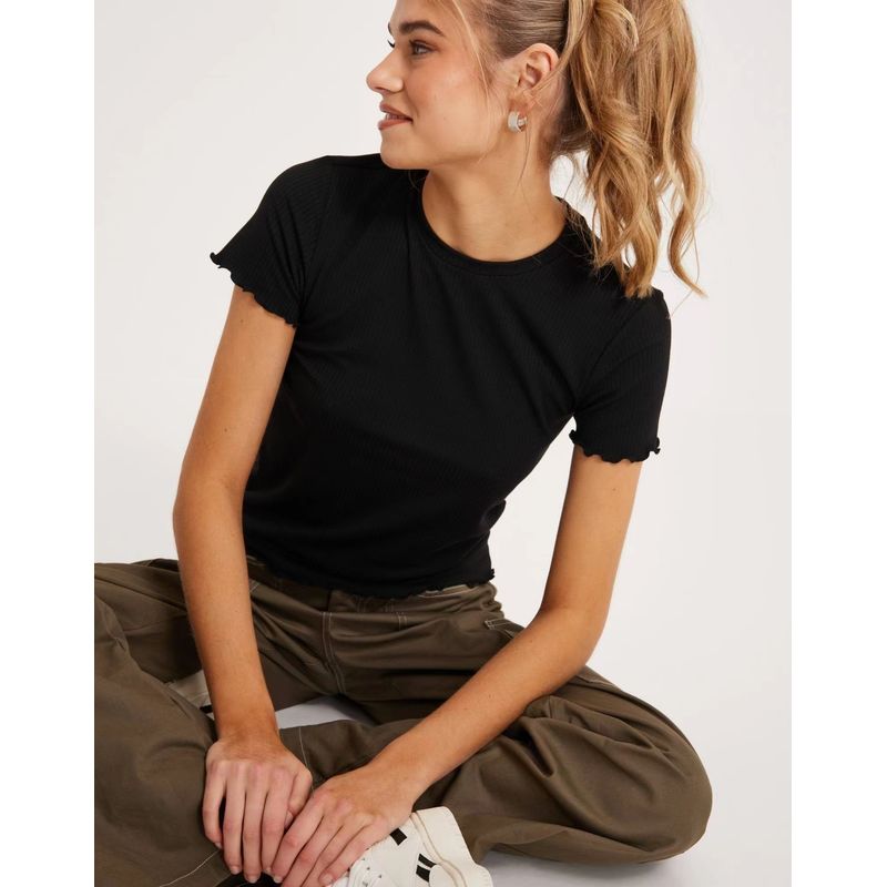 

[Gratitude 2025] Soft and High Elasticity @ Export USA Black round Neck Short Sleeve Silm Shoulder T-shirt Women s Top Export Black XS