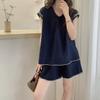 Women Navy Blue Short Sleeve Two-Piece Set Ruffle Trim Blouse and Shorts for Daily Wear