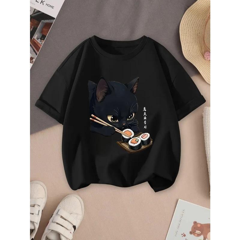 European sizes children's Black Cat & Sushi Kawaii T-Shirt / Cute Anime Sushi Roll & Cat Print / Soft Stretch Round Neck Summer Top / Casual Theme