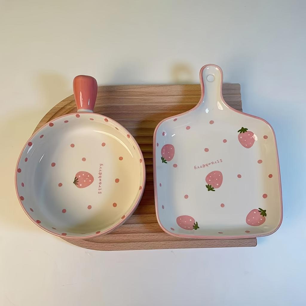 2pcs Handled Bowl Plate Set, Strawberry Hand Painted Ceramic Tableware for Home Use