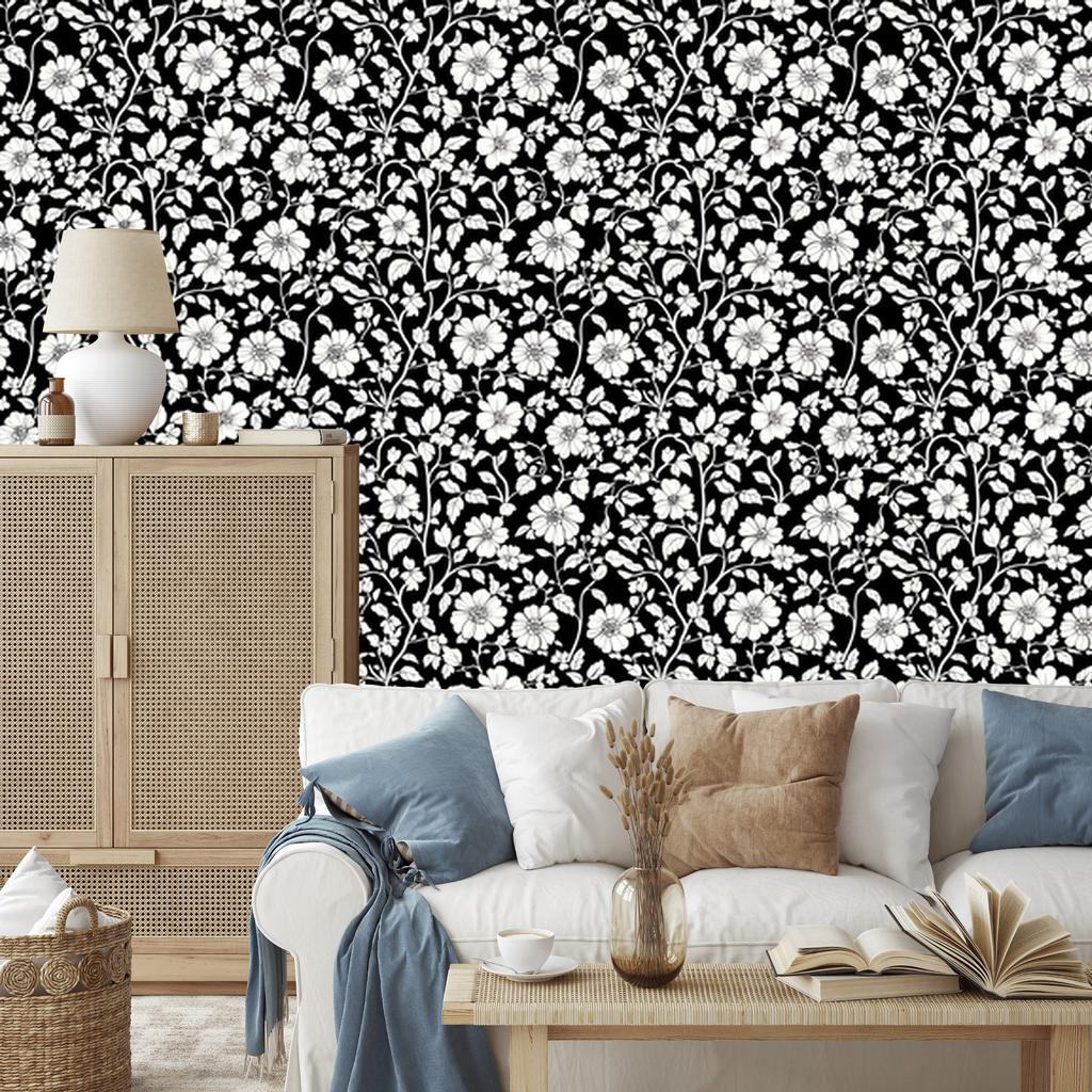 Wallpaper Black and White Flowers Graphite, Gray Background 50x1000