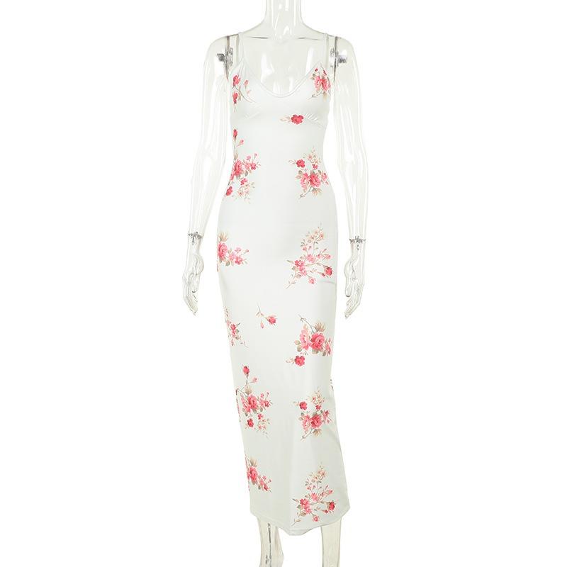 Women Summer Vacation Casual Print Spaghetti Strap Slim Fit Sexy Long Dress