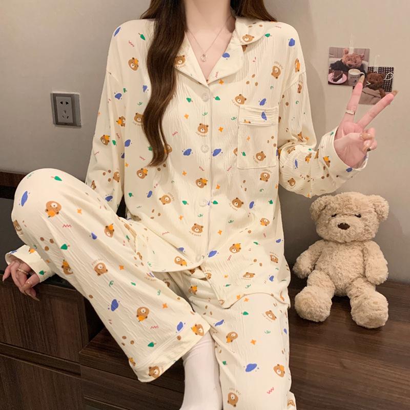Butter Bear Pajamas Women'S Spring And Autumn Long-Sleeved Trousers Cute Print Student Dormitory Simple Suit Loungewear