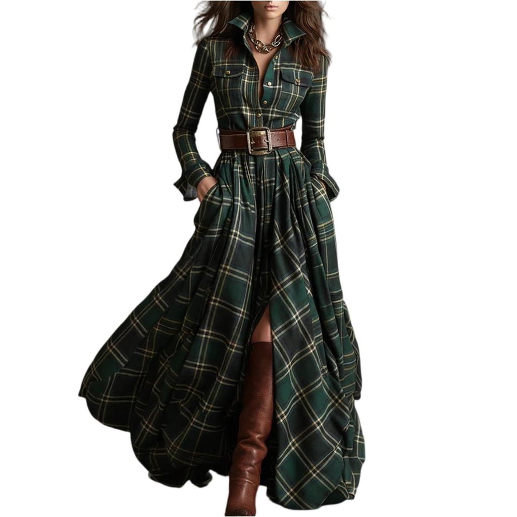 Womens Plaid Shirt Dress V,Neck Button Button Split Asymmetric Hem Checkered Maxi Dress With Pockets