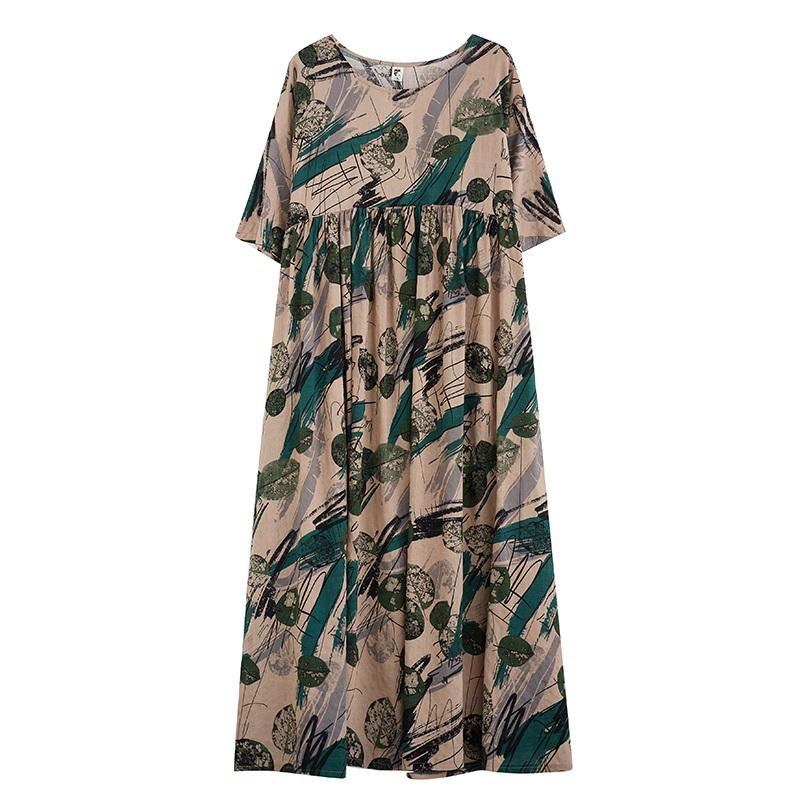 Kurzarm Plus-Size-Baumwolle im Vintage-Stil mit Blumenmuster, neu in Kleidern für Damen, lässig, locker, für den langen Sommer