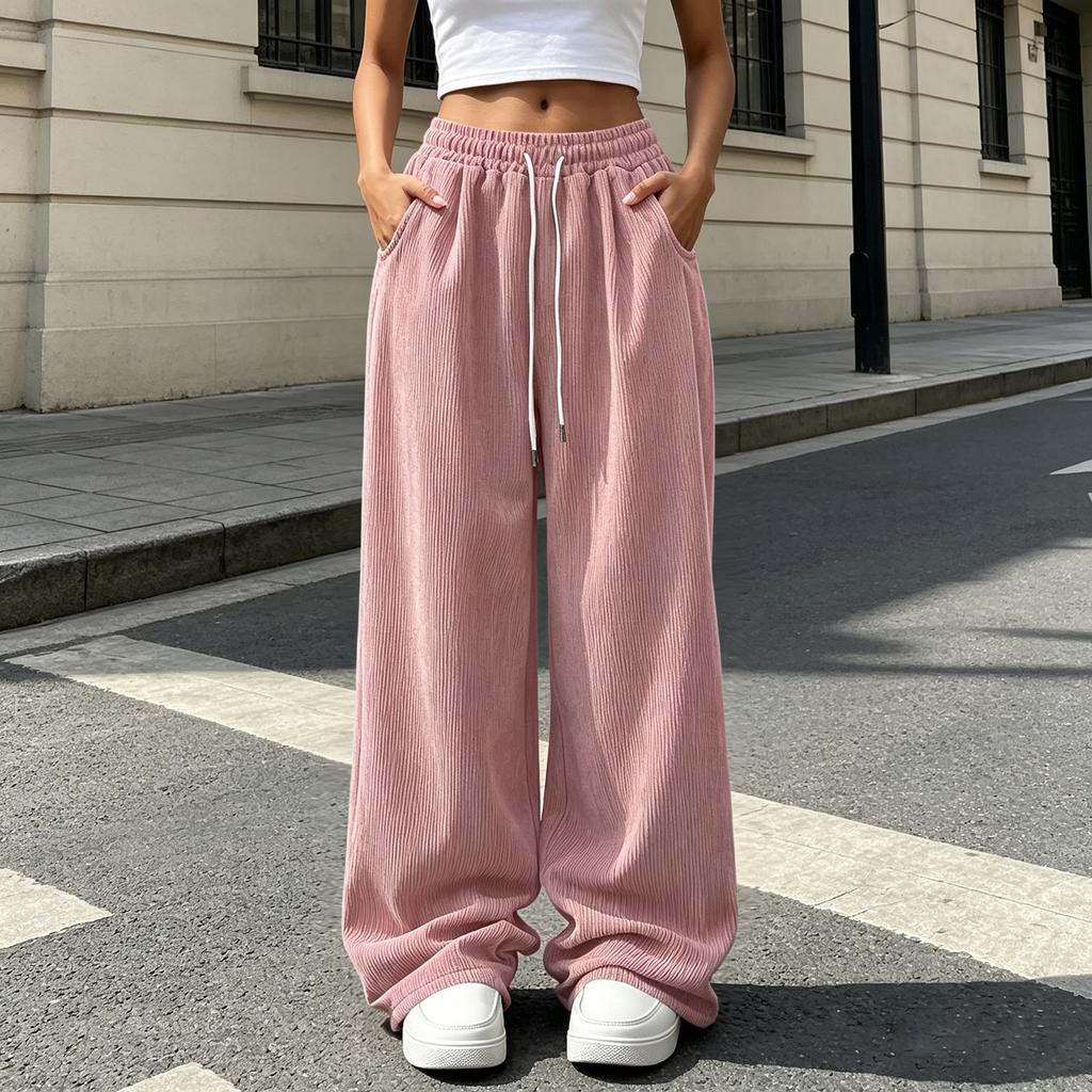 Women's Corduroy Drawstring Wide Leg Pants with Pockets - Loose Fit Casual Trousers for Daily Wear