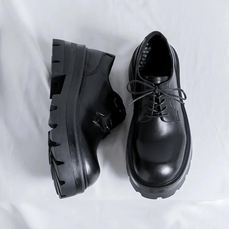 Casual Leather Men's Dress Shoes Big Head British Style Thick Soles Increase Wedding Groom Derby Platform Shoes for Men
