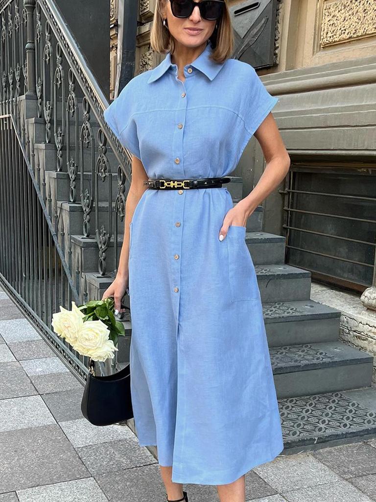 Elegant High Waist Sleeveless Cotton Linen Summer Dress with Turn-Down Collar