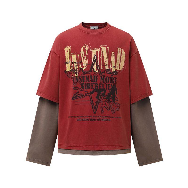 

Acrardic American Letters Fake Two-Piece Pullover Hoodie Men s High Street Ruffle Handsome Niche Vibe Loose Washed Top Red X L