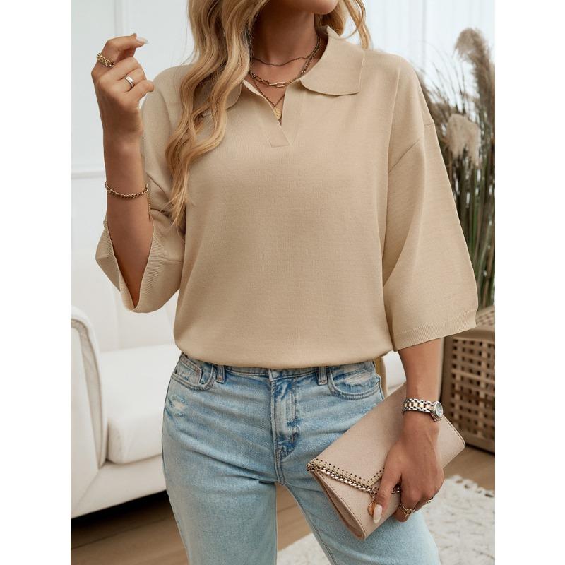 Women Solid Color Lapel Solid Color Half Sleeve Loose Sweater