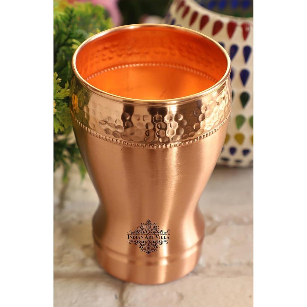 Pure Copper Glass with Half Lecquer Hammered Design, Water Drinkware & Health Benefit, Hotel Restaurant, Volume:- 400 ML,