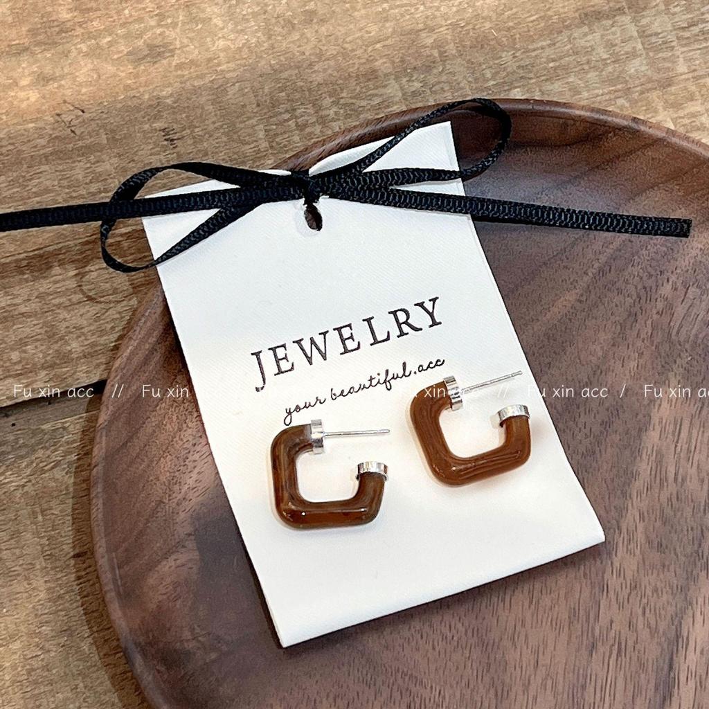 Retro Minimalist Brown Square Hoop Earrings - Light Luxury Niche Design, French Romantic Style