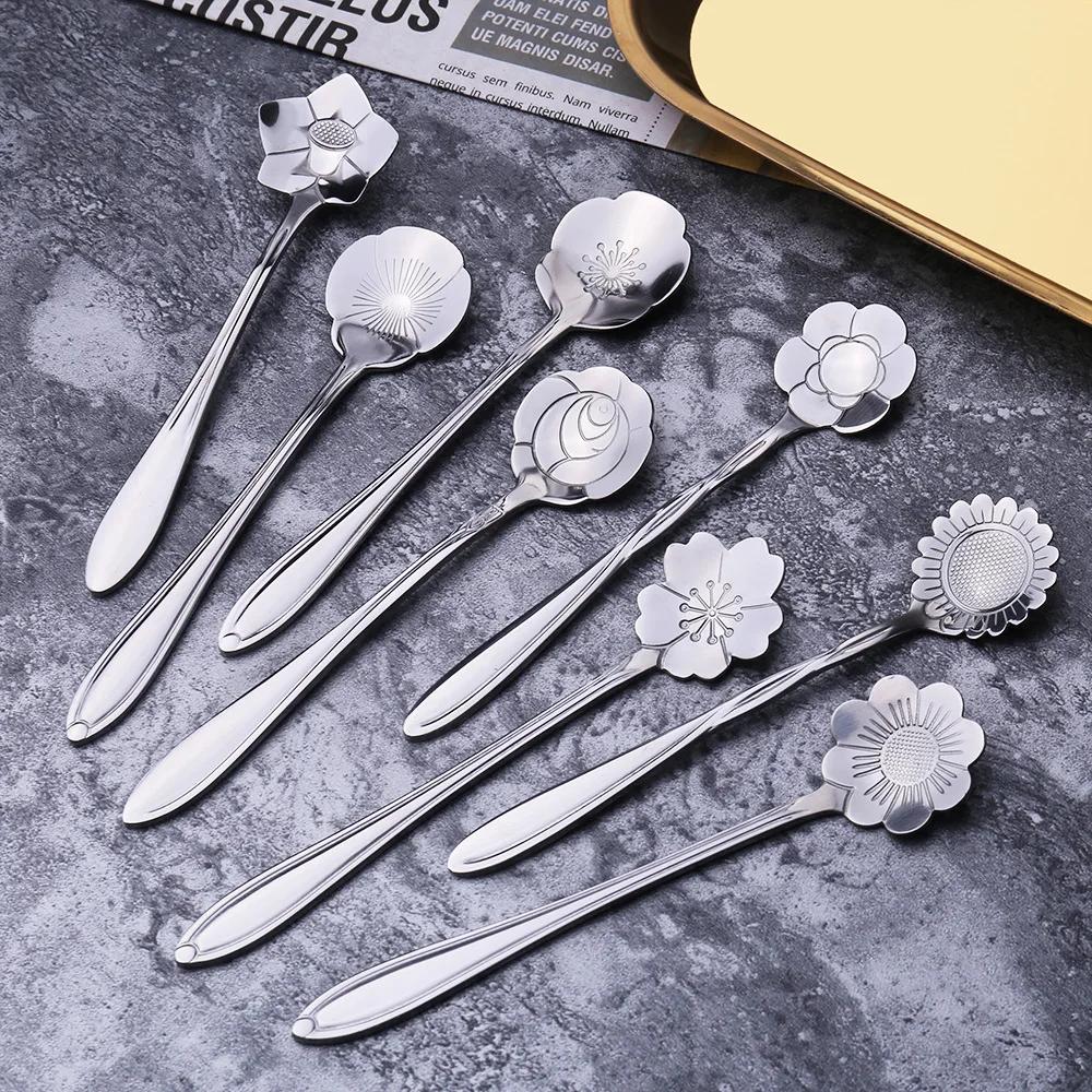8pcs Teaspoons Set Stainless Steel Spoon Cherry Rose Gold Silver Scoop Coffee Spoon Christmas Gift Kitchen Accessories Tableware