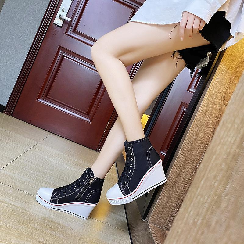 Fashion New High-top Canvas Shoes Slope Heel Height-increasing Casual Shoes, Thick-soled Lace-up Foreign Trade Large-size Women's Shoes