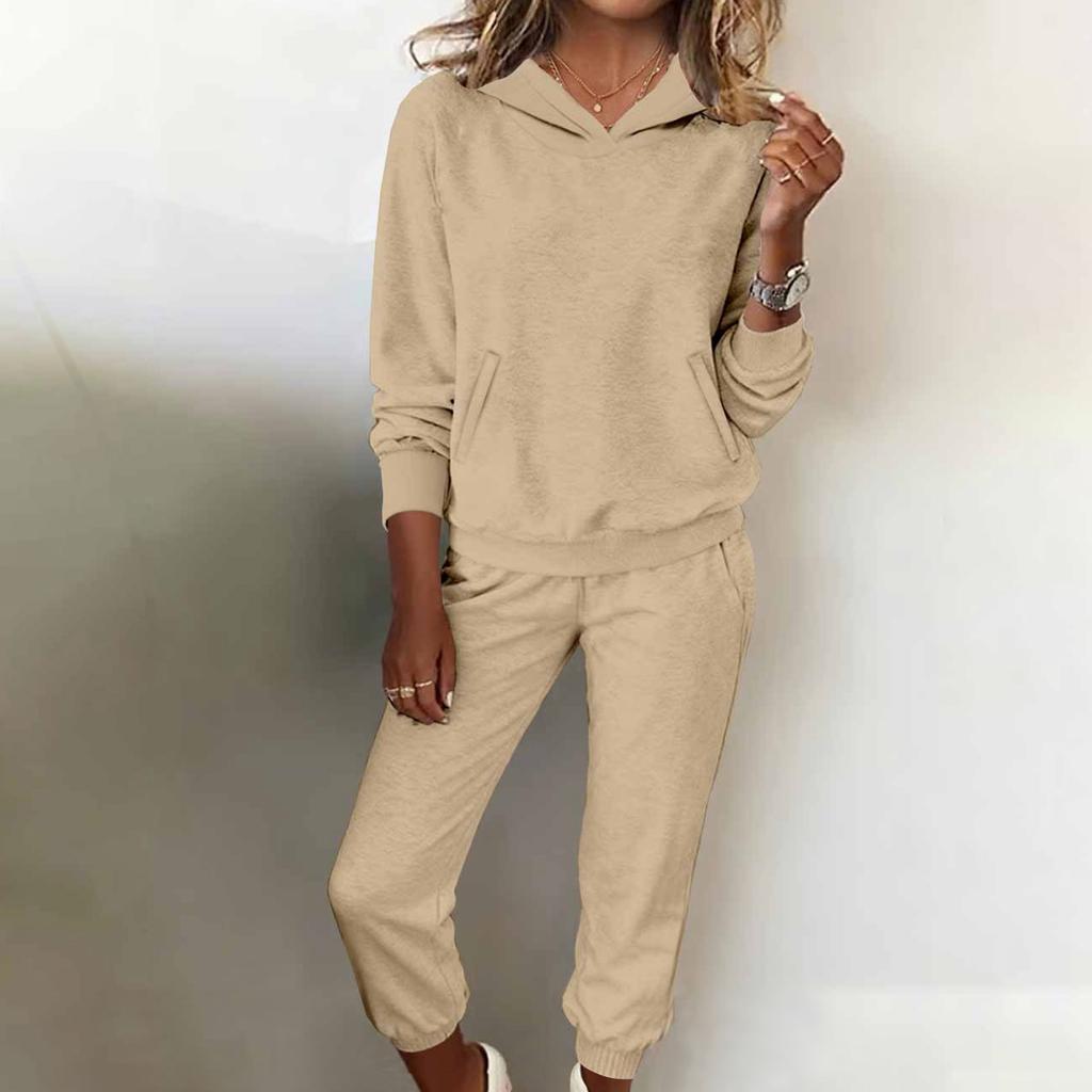 Women's Fashion Two-piece Solid Color Hooded Sweatshirt Trousers Casual Set
