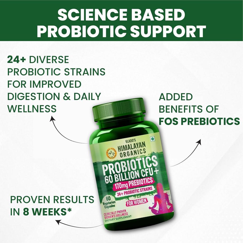 Vlado's Himalayan Organics Probiotics 60 Billion CFU+ with 170mg Prebiotics 60 Capsules for Women Gut Health
