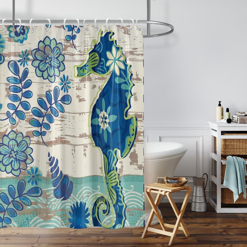 1 piece of 180x180cm seahorse pattern printed shower curtain partition, waterproof and mold resistant for use in the bathroom