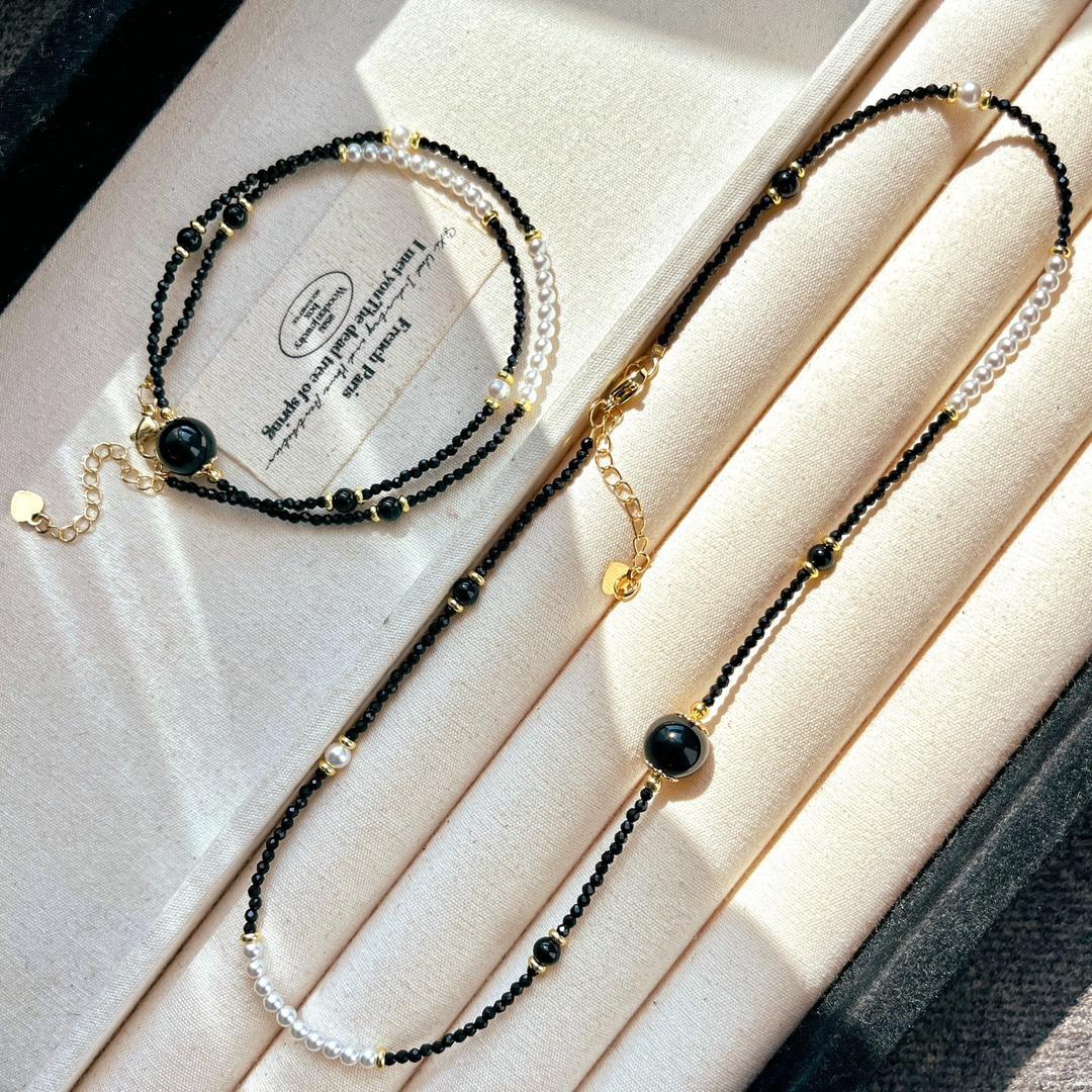 

High Quality Design Faux Crystal Pearl Black Spinel Collarbone Chain Necklace
