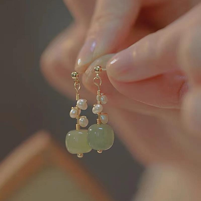925 Silver Hetian Jade and Freshwater Pearl Wrap Stud Earrings - Simple, Trendy Women's Jewelry