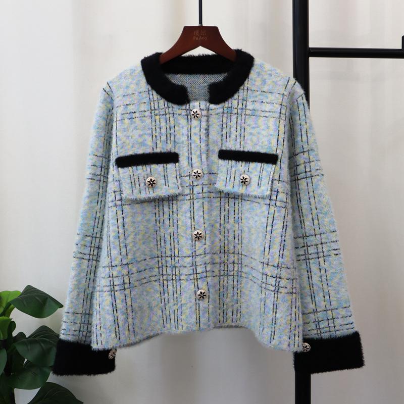 

Вязаный кардиган из искусственного норкового бархата, новый осенне-зимний, с контрастным дизайном, свитер-куртка женский one size fits all синий