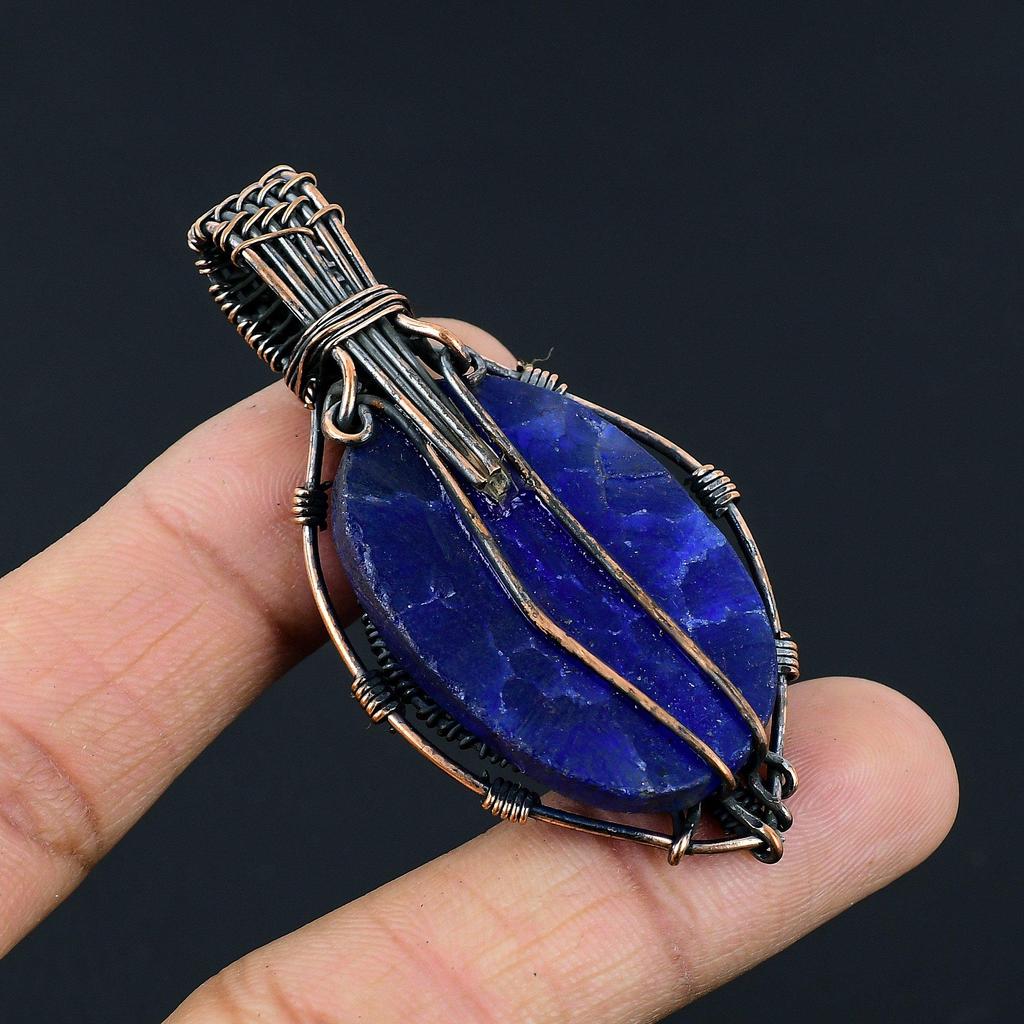 Blue Sapphire Pendant, Handmade Gemstone Pendant, 999 Copper Wire Wrapped Pendant Antique Jewelry, For Engagement Gift