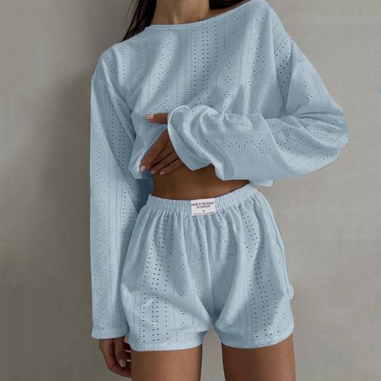 2 Teile/satz Frauen Top Shorts Outfit Aushöhlen Elastische Taille Lose Langarm O Hals Dünne Einfarbig Atmungsaktive Soft homewear T-shirt Shorts Set