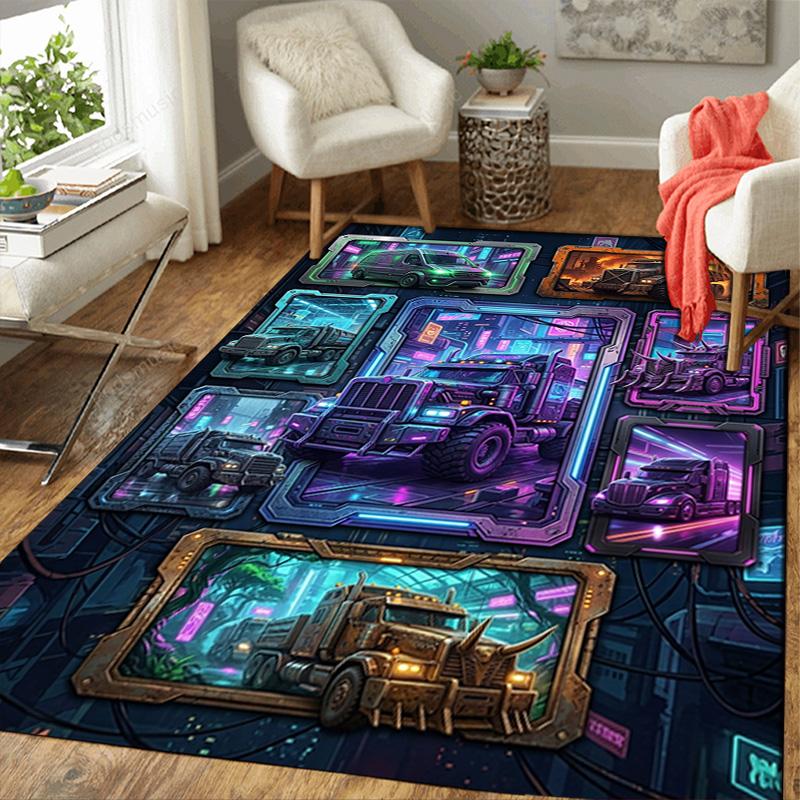 Cyberpunk Truck Gallery Pattern Rug Floor Mat for Living Room or Bedroom Soft and Comfortable Carpet a Gift for Birthday and Holiday.