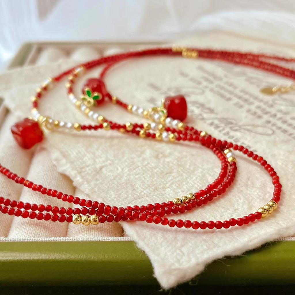 Retro High Quality Natural Pigeon Blood Red Chalcedony Collarbone Chain Small Persimmon Pendant Necklace 2M Agate