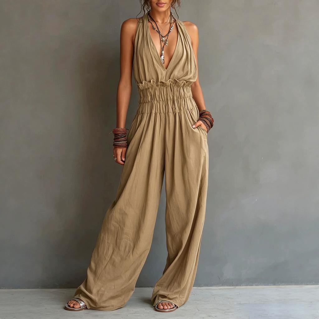 Tuta da donna con scollo all'americana gamba larga tinta unita scollatura a V profonda casual vestibilità larga tuta estiva