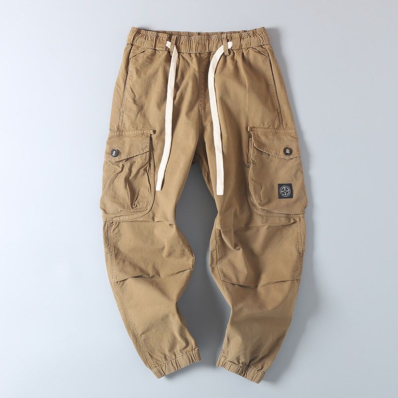 Export Fashion Cattle Goods Pure Cotton Washed Stretch Cargo Pants Men's Spring & Fall Retro Handsome Multi-Pocket Ankle Banded Slacks