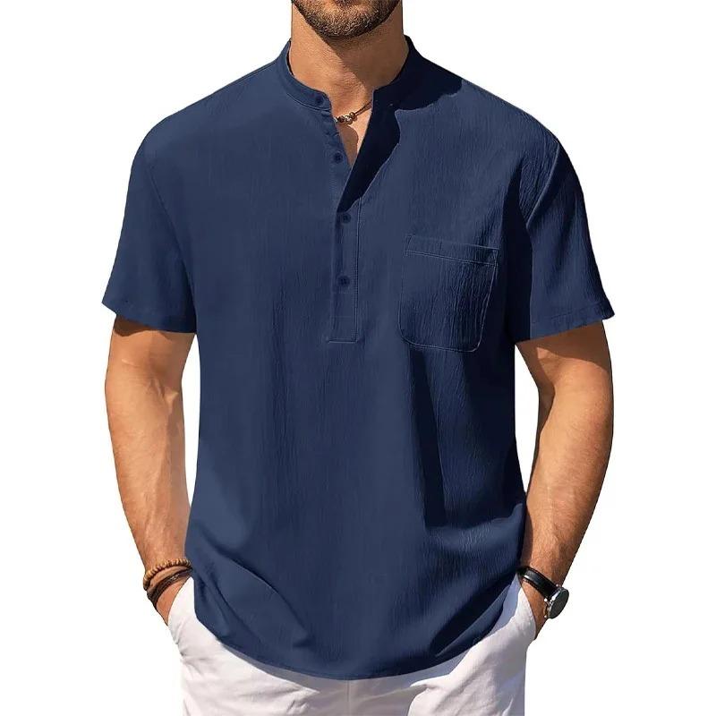 

Summer Men s Cotton Linen T-Shirt Lightweight Breathable Beach Style Tees Short Sleeve Casual Hawaii Vacation Tops XXXL темно-синий
