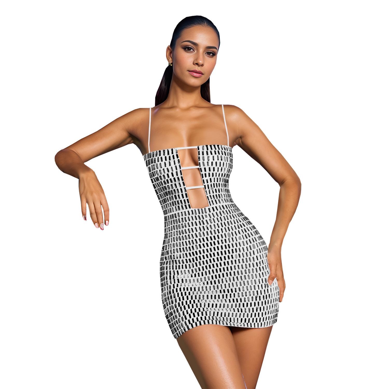 

C7167 Women s Fashion Sexy Slim Fit Rhinestone Strappy Dress & Short Skirt XL білий