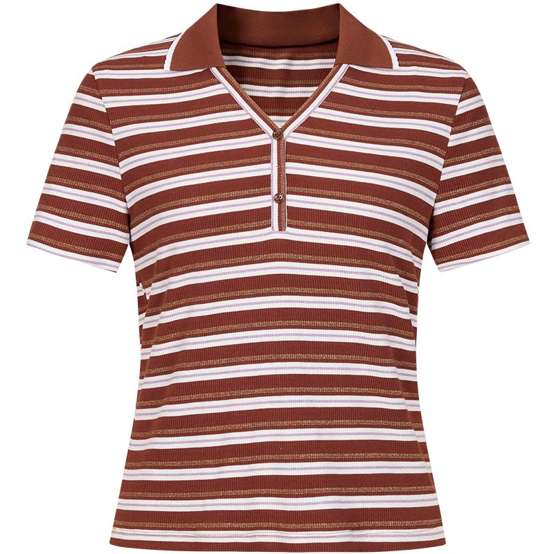 JUZUI Retro Striped Knit Polo T-Shirt