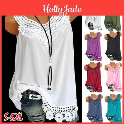 Women's Loose Sleeveless Vest T-shirt Blouse With Elegant Boho Lace Design In Plus Sizes